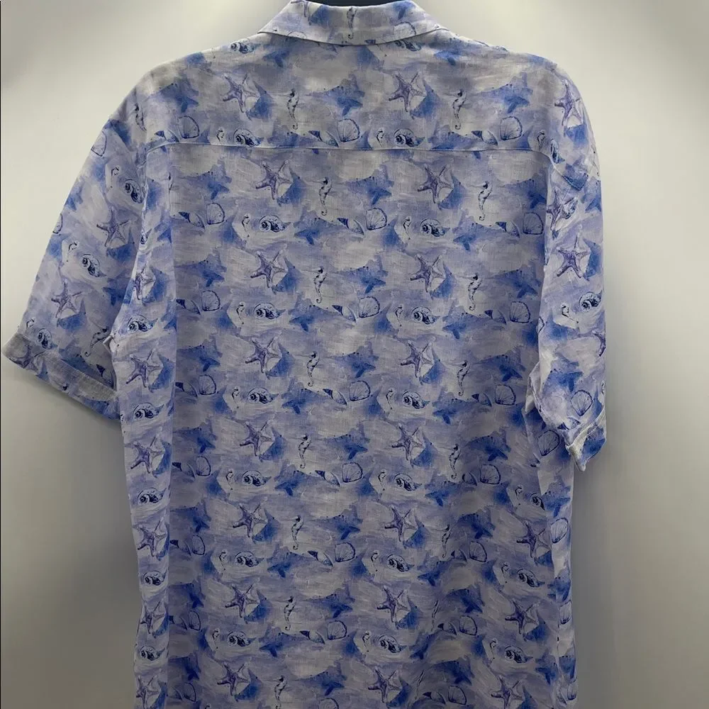Bugatchi Shaped Fit Men's Linen Blue Sea Life Short Sleeve Shirt
